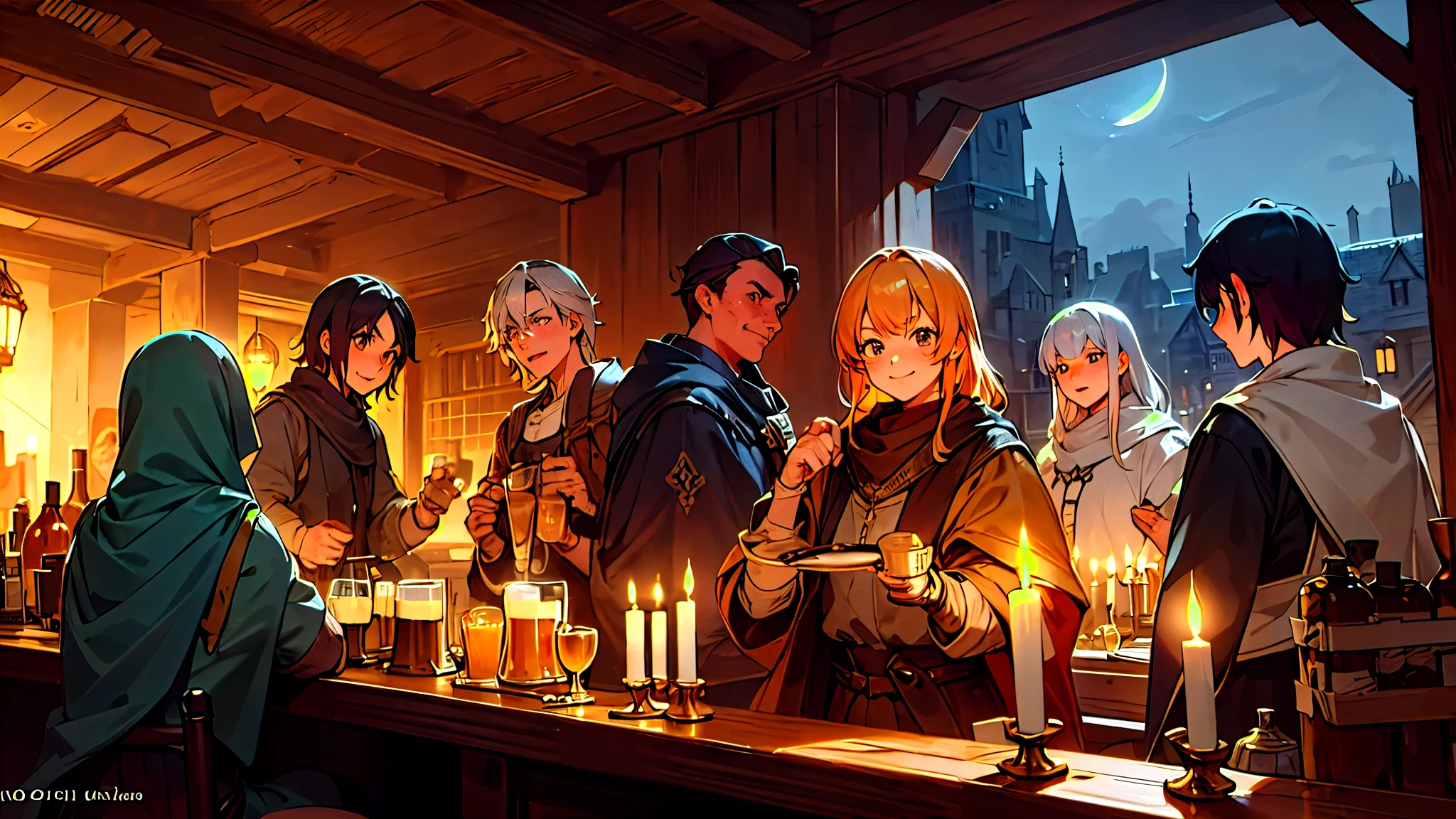 anime、Medieval Europe、Fantasy、a group of adventurers、smile、A lively tavern、bar scene、Warrior、Bard、Wizard、Celebrating with wooden mugs of beer、night、Candlelight