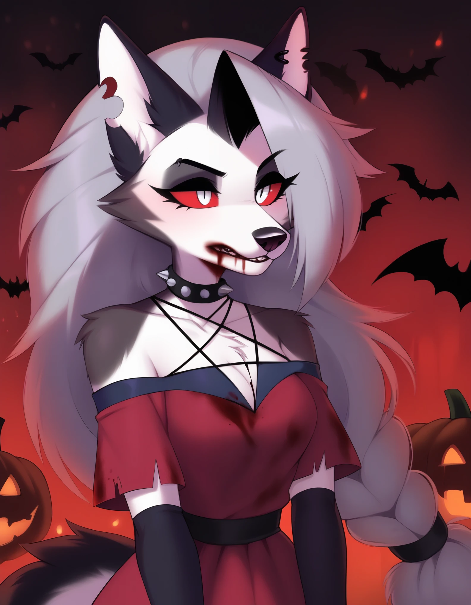 safe content, by vivzmind, mammal, canid, canid demon, demon, canine, monster, anthro, female, fur, solo, hair, white body, white fur, helluva boss, holidays, hellhound, loona, red sclera, dress, white eyes, braided hair, halloween, blood, official art, blood from eye