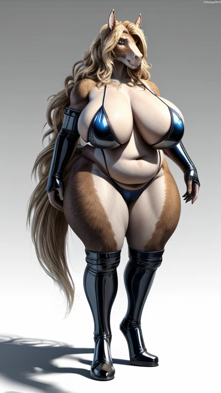 (best quality,8k,highres,masterpiece:1.2),ultra-detailed,realistic,physically-based rendering,colorful, long-shot, front, stehend, curly light blond hair,long hair ,busty woman, small camouflage micro-bikini, tall, strong rubber boots, big beautiful woman, hourglas body shape, massive wide hips, big butt like a horse, starke oberschenkel, best quality, 1 girl, ((Betrachter betrachten)), blaue Augen,  195 cm, Zerzaustes Haar, very big breasts, rundlich, curvy, plus-size, dunkle Haut, Wildfang, overweight, Erwachsene, 33 Jahre alt, 1 girl, Allein, Sohle, einzig, alleinig, Grinsen, very wide hips, massive tigh, 