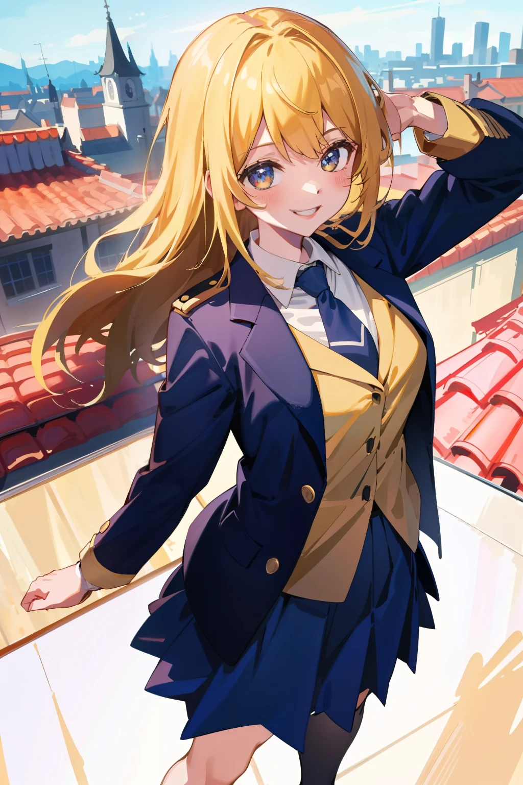(8k、highest quality、highest quality、masterpiece、Very detailed: 1.2)、1 girl、 smile、blonde、Draw from head to waist、blazer、uniform、skirt、rooftop、Are standing