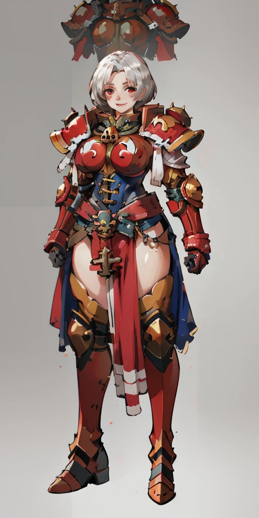(masterpiece, best quality, 4k, 1girlsolo, 1MILF, mmplatz, smile, red cheeks, plain background:1.2) perfect face, perfect lighting, mature whsororitas with gloves red gauntlets in her hands like Cammy White from Street Fighter, bob white hair, warhammer 40k power armor suit with loincloth, red eyes like rubies, full body RED armor, view from below, looking to the viewer, arms to the sides empty hands, RED military boots, silver skull ornament attached to crossing 2 belt wide hips, 2 long legs