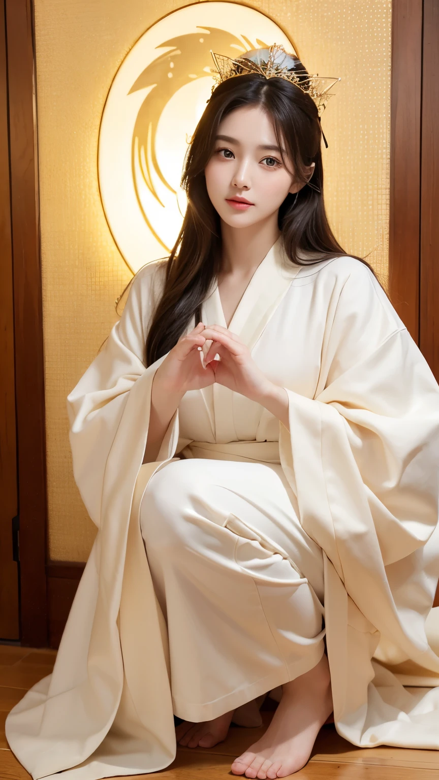 Love God(Beautiful girl、slightly drooping eyes、Healthy Skin、Full body portrait、Draw a heart with hands)、Photorealistic。Delicate and beautiful。Perfect Face。highest quality。High resolution。shrine。Golden Feather Robe。