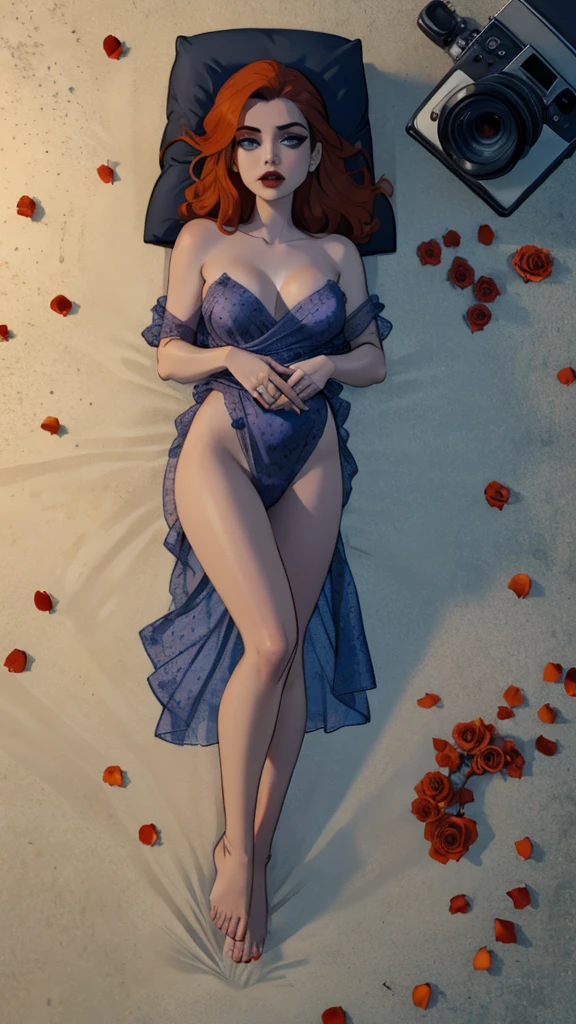 a very beautiful woman lying covered in red roses,body covered with flowers, very hot body, long orange hair spread out on the floor, camera view from above, whole body in picture, black lips, bright glowing eyes, blue eyes like crystal, perfect body