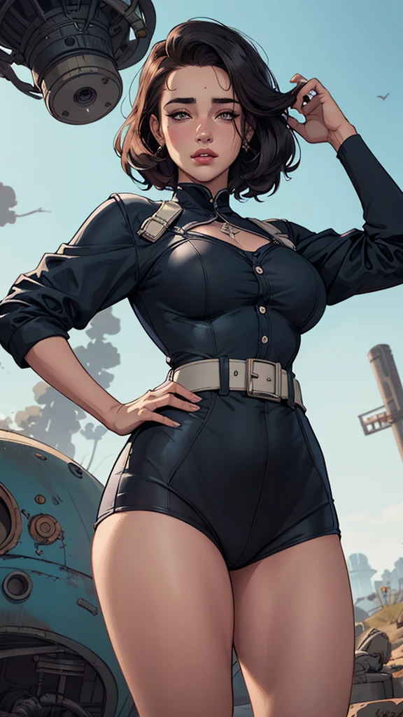 Personagem mulher estilo atompunk Fallout 4 cabelos pretos atriz Ella Purnell com marcas de guerras Imagem de desenho animado de uma mulher .Ilustracaoo estilo desenho animado, estilo de arte dos desenhos animados, estilo de arte dos desenhos animados, digital illustration style, estilo atompunk design de personagens altamente detalhado, arte digital detalhada coragem,actress Ella Purnell with black hair slim body Forest fan art, Design de cabelos pretos personagens de retrato, beautiful digital illustration, retrato de alta qualidade, Arte em quadrinhos, s . Eyelined eyes, medium bust and wonderful sexy clothes. image expression of sexual desire from waist to head illustration atompunk style Fallout 4 The perspective is from below, enfatizando a majestade e o poder da Gigante."atriz Ella Purnell cabelos pretos