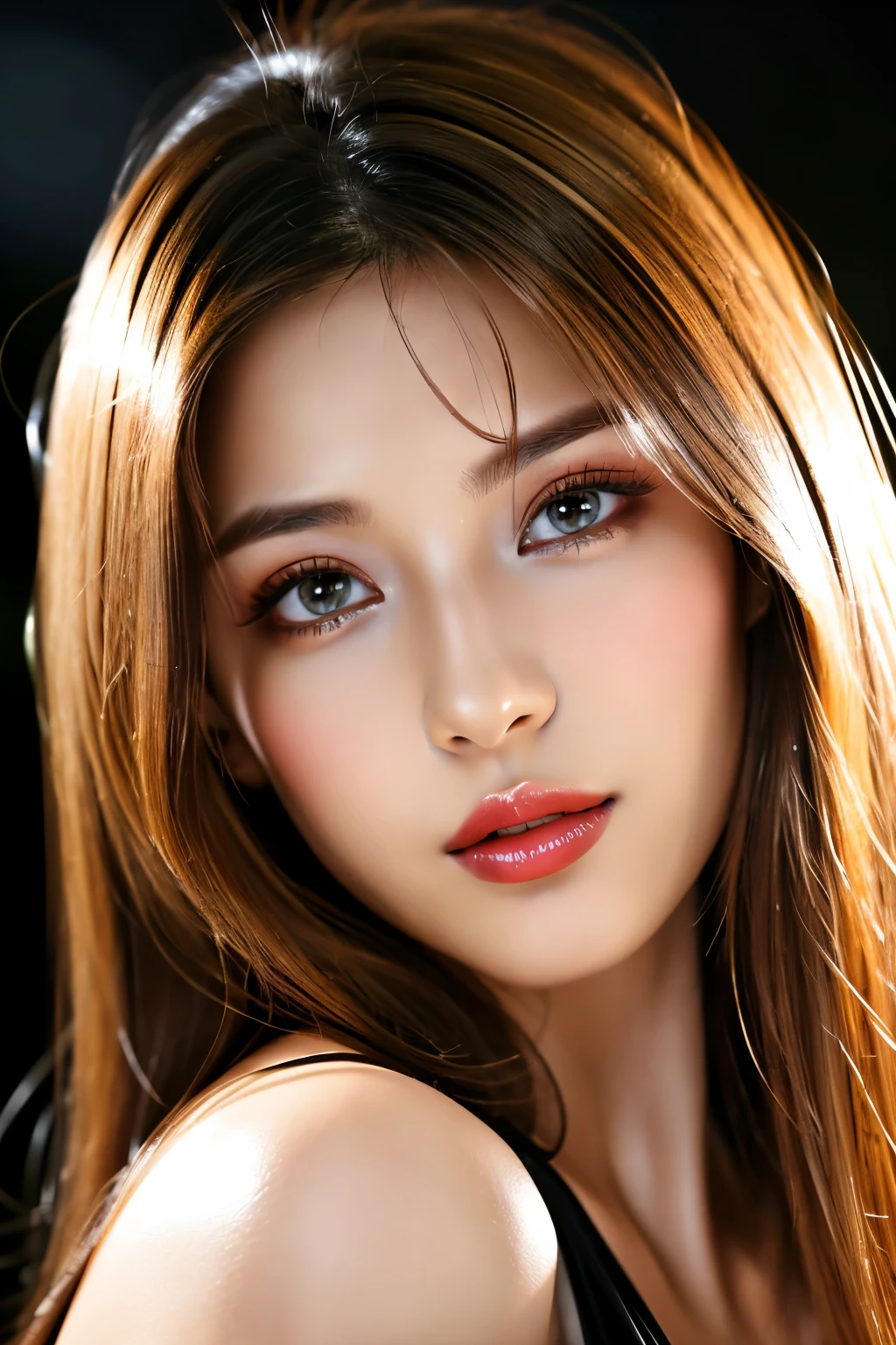 (highest quality、table top、8k、best image quality、Award-winning work)、(one young girl, 14 years old:1.3)、no sleeve, (red eyeshadow:1.2)、perfect makeup、long eyelashes、Super high-definition sparkling eyes、ultra high definition hair、ultra high resolution glossy lips、Super high resolution perfect teeth、Super high resolution cute face、brown hair、(very short straight hair:1.1)、look at me and smile、[clavicle]、accurate anatomy、(close up of face:1.5)、Luxury love hotel、(The most moody warm lighting:1.2)、blurred background、With bangs、Super high-resolution glossy and moisturized face、Super high resolutio n glowing skin、most detailed face、Ultra high resolution detailed faces、ultra high resolution hair、Fashion model 25 years old [[[[close-up]]], [[[[chest]]]], [[[[neck]]], [shoulders]]]]], Perfect eyes, Perfect iris, Perfect lips, Perfect teeth, Perfect skin, Soft front light, Glow, HDR, (Soft color: 1.2), Best quality, masterpiece, ultra high res, (photorealistic:1.37), raw photo, 1girl, long hair, beautifull eyes, beautifull face, detailed eyes and face, t-shirt, dynamic lighting, in the dark, table top, highest quality, realistic, Super detailed, finely, High resolution, 8k wallpaper, 1 beautiful woman, light brown messy hair, He is wearing an open-necked shirt., sharp focus, perfect dynamic composition, beautiful and detailed eyes, thin hair, Detailed realistic skin texture, smile, close-up portrait, model body shape, mile, close-up portrait, model body shape, body shape,cleavage, tropical beach, thin and long legs Translated with DeepL.com (free version)Top Quality, Masterpiece, (Realistic:1.2), 1 girl, detailed face, beautiful eyes, (Masterpiece:1.2, Top Quality), (fine beautiful eyes: 1. 2), (highly detailed Cg Unity 8K wallpaper, Masterpiece, Top Quality, super detailed, best shaSuper high resolution sparkling eyes、Beautiful face drawn in every detail、Super high resolution glossy red lips、big breasts、cleavage、Fashionable necklaces、camisole, ((masterpiece)), (ultra detailed