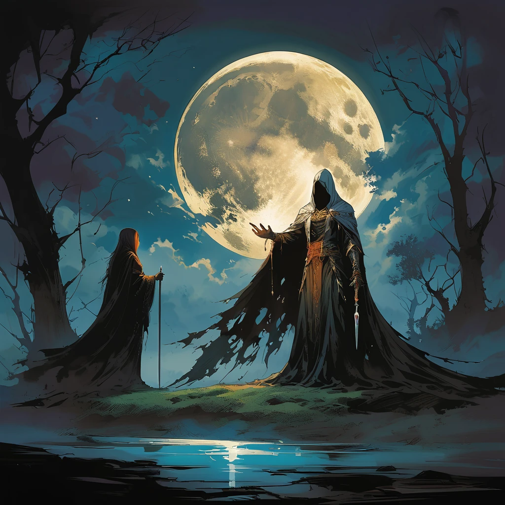 Priestess of the moon goddess,sultry,pale,with a dark fantasy illustration against a large moon in a glade with a lake, in the style of Yoji Shinkawa. Dragon Age concept art.