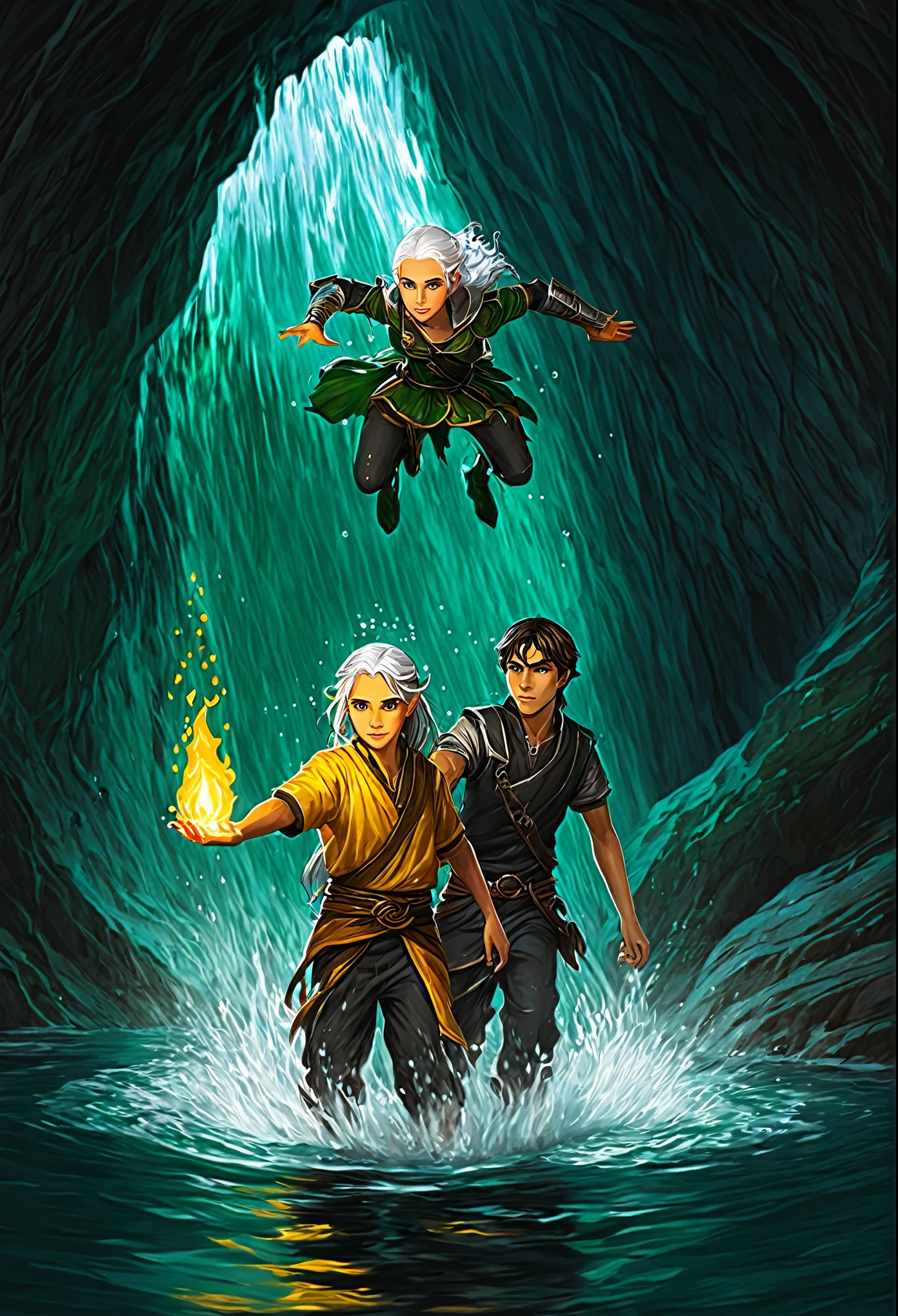 13 years, boy with green eyes and white hair, with water in hands, and a girl with yellow eyes, with dark hair, with water in hands, walk on water into a fiery cave , book portrait in the RPG genre, portrait of "Dungeons and Dragons", фэнтезийный portrait,  fantasy book illustration, graphic artist magali villeneuve, author&#39;s portrait in faces, concept art portrait in fantasy style, realistic fantasy style illustration, portrait, эпический role-playing portrait, portrait from below, role-playing portrait.