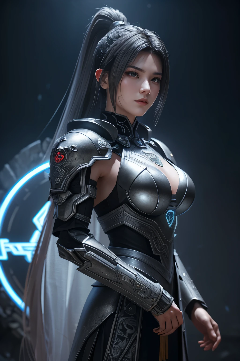 Masterpiece,Game art,The best picture quality,Highest resolution,8K,(Portrait),Unreal Engine 5 rendering works,(Digital Photography),((Portrait Feature:1.5)),
20 year old girl,Short hair details,With long bangs,(The red eye makeup is very meticulous),(With long gray hair:1.4),(Large, full breasts),Elegant and noble,Brave and charming,
(Future armor combined with the characteristics of ancient Chinese armor,Hollow design,Power Armor,The mysterious Eastern runes,A delicate dress pattern,A flash of magic),Warrior of the future,Cyberpunk figures,Background of war,
Movie lights,Ray tracing,Game CG,((3D Unreal Engine)),OC rendering reflection pattern