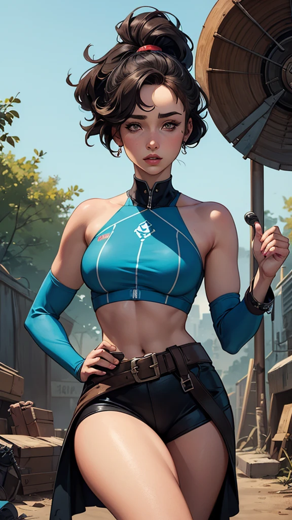Personagem mulher estilo atompunk Fallout 4 cabelos pretos atriz Ella Purnell com marcas de guerras Imagem de desenho animado de uma mulher .Ilustracaoo estilo desenho animado, estilo de arte dos desenhos animados, estilo de arte dos desenhos animados, digital illustration style, estilo atompunk design de personagens altamente detalhado, arte digital detalhada coragem,actress Ella Purnell with black hair slim body Forest fan art, Design de cabelos pretos personagens de retrato, beautiful digital illustration, retrato de alta qualidade, Arte em quadrinhos, s . Eyelined eyes, medium bust and wonderful sexy clothes. image expression of sexual desire from waist to head illustration atompunk style Fallout 4 The perspective is from below, enfatizando a majestade e o poder da Gigante."atriz Ella Purnell cabelos pretos