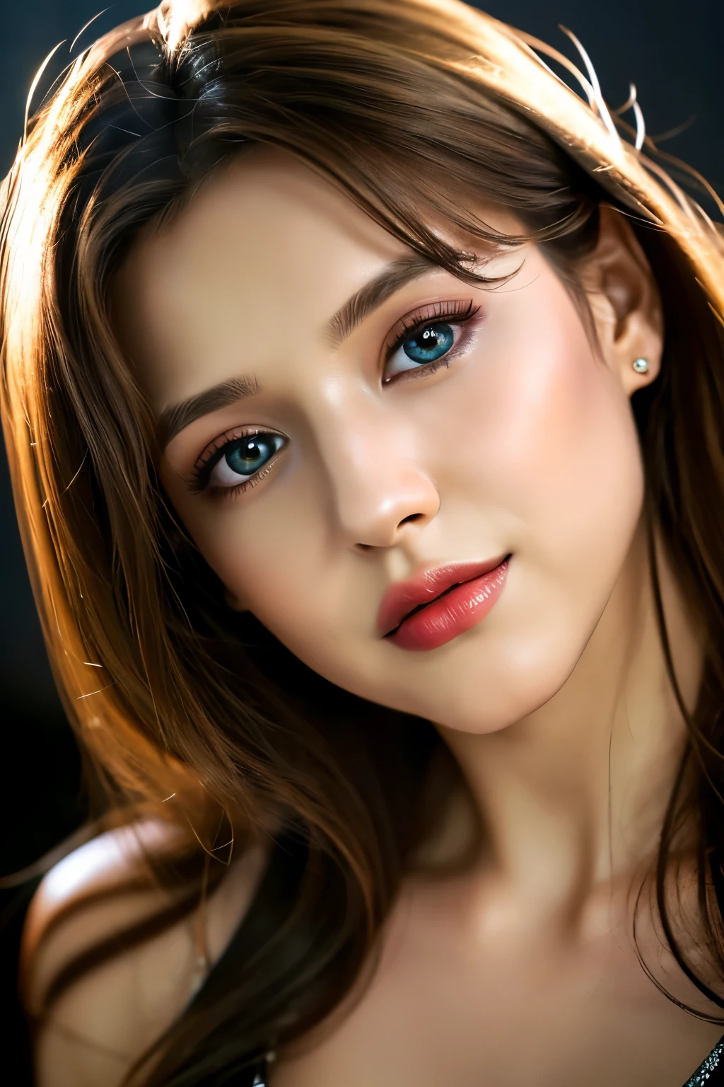 (highest quality、table top、8k、best image quality、Award-winning work)、(one young girl, 14 years old:1.3)、no sleeve, (red eyeshadow:1.2)、perfect makeup、long eyelashes、Super high-definition sparkling eyes、ultra high definition hair、ultra high resolution glossy lips、Super high resolution perfect teeth、Super high resolution cute face、brown hair、(very short straight hair:1.1)、look at me and smile、[clavicle]、accurate anatomy、(close up of face:1.5)、Luxury love hotel、(The most moody warm lighting:1.2)、blurred background、With bangs、Super high-resolution glossy and moisturized face、Super high resolutio n glowing skin、most detailed face、Ultra high resolution detailed faces、ultra high resolution hair、Fashion model 25 years old [[[[close-up]]], [[[[chest]]]], [[[[neck]]], [shoulders]]]]], Perfect eyes, Perfect iris, Perfect lips, Perfect teeth, Perfect skin, Soft front light, Glow, HDR, (Soft color: 1.2), Best quality, masterpiece, ultra high res, (photorealistic:1.37), raw photo, 1girl, long hair, beautifull eyes, beautifull face, detailed eyes and face, t-shirt, dynamic lighting, in the dark, table top, highest quality, realistic, Super detailed, finely, High resolution, 8k wallpaper, 1 beautiful woman, light brown messy hair, Realistic, High Resolution, [[[ Only one girl ]]]], Wavy black hair, Blue eyes, Stylish tank top, Upper body, Big breasts, Cleavage, Sitting on chair, Pose random, 8K, Very detailed, High Resolution, Facing camera ( One woman), One woman, (Very realistic, High Resolution), ( Very Detailed Eyes, Very Detailed Hair, Very Detailed Face, Very Detailed Plump Lips), (Breast Open Off Shoulder), Breasts, Upper Body, Affectionate Smile, Golden Hair, (Top Quality: 1. 4), Raw Photo, (Realistic, Photorealistic: 1.37), Professional Photographer, Film-like Light, (Delicate Face 1.2), David Hockney and Alfons Mucha hyperrealistic portrait of a woman, fantasy art, photorealistic, dynamic lighting, art station, poster, volume lighting, highly detailed face, 4 k, awards, (