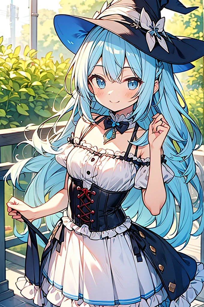 guranburu style,
small shota,light blue hair,loose long hair,summer style light blue witch clothes,corset,
casual tops with (frilly hem),smile,