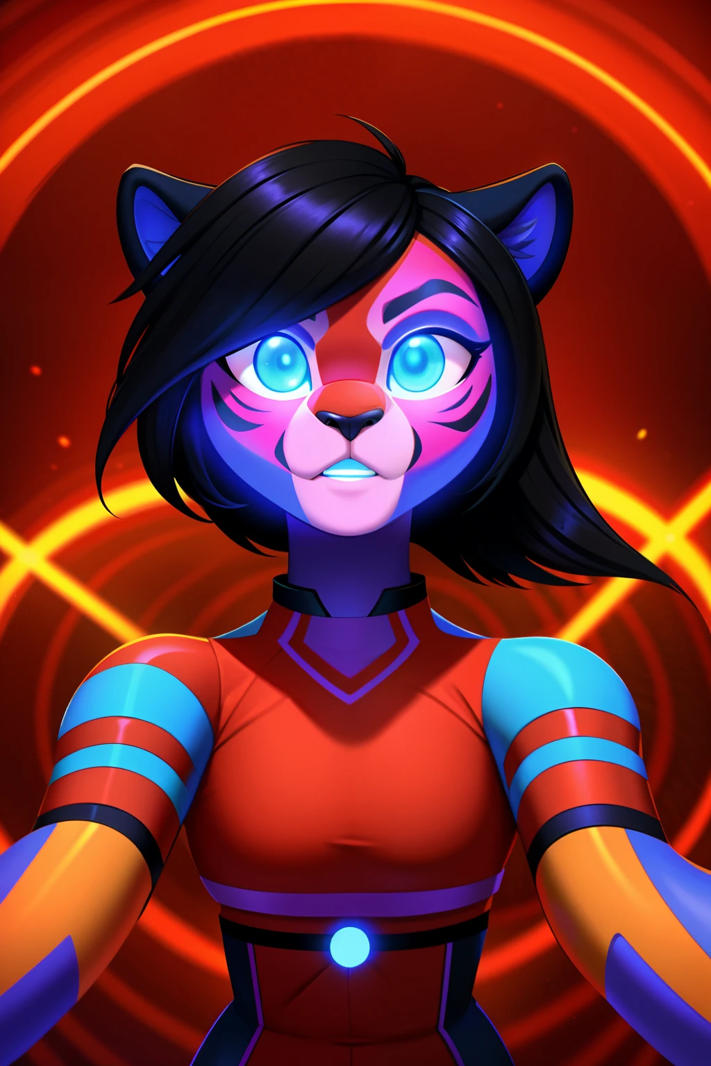 android housewife, tigress anthro, black hair, blue eyes, glowing eyes, red sportswear, mind-controlled, hypnotized, dazed, 3D Disney style