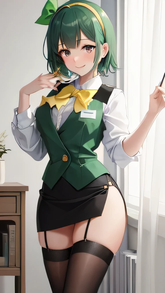 masterpiece, best quality, absurdres, perfect antomy, 1girl, solo, Otonashi Kotori, short hair, hairband, thighhighs, black skirt, yellow bowtie, white shirt, green vest, standing, cowboy shot, Naughty smile、Wet costume、Super big 、Nipple erection、Super Mini Pencil Skirt、blush