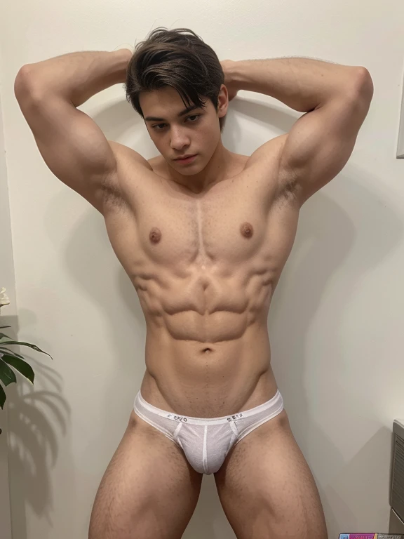 Un chico ,  very beautiful, piel blanca con rasgos finos, poca ropa, pectorales fuertes definidos, al descubierto, desnudos, piernas musculosas, hermosos pezones grandes obscuros, abs