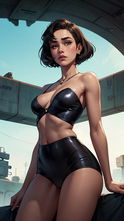 Personagem mulher estilo atompunk Fallout 4 cabelos pretos atriz Ella Purnell com marcas de guerras Imagem de desenho animado de uma mulher .Ilustracaoo estilo desenho animado, estilo de arte dos desenhos animados, estilo de arte dos desenhos animados, digital illustration style, estilo atompunk design de personagens altamente detalhado, arte digital detalhada coragem,actress Ella Purnell with black hair slim body Forest fan art, Design de cabelos pretos personagens de retrato, beautiful digital illustration, retrato de alta qualidade, Arte em quadrinhos, s . Eyelined eyes, medium bust and wonderful sexy clothes. image expression of sexual desire from waist to head illustration atompunk style Fallout 4 The perspective is from below, enfatizando a majestade e o poder da Gigante."atriz Ella Purnell cabelos pretos