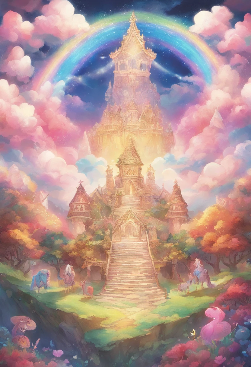A flying diamond ark,There is a rainbow in the sky,Bright and fun atmosphere,Different world,fantastic,A masterpiece.