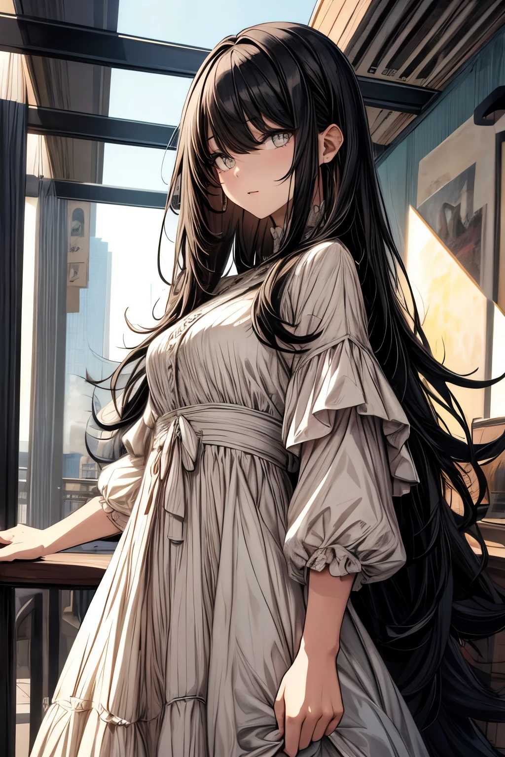 (flat color:1.1),(masterpiece:1.2), original, long black hair, cream-colored eyes, mature lady wearing dress