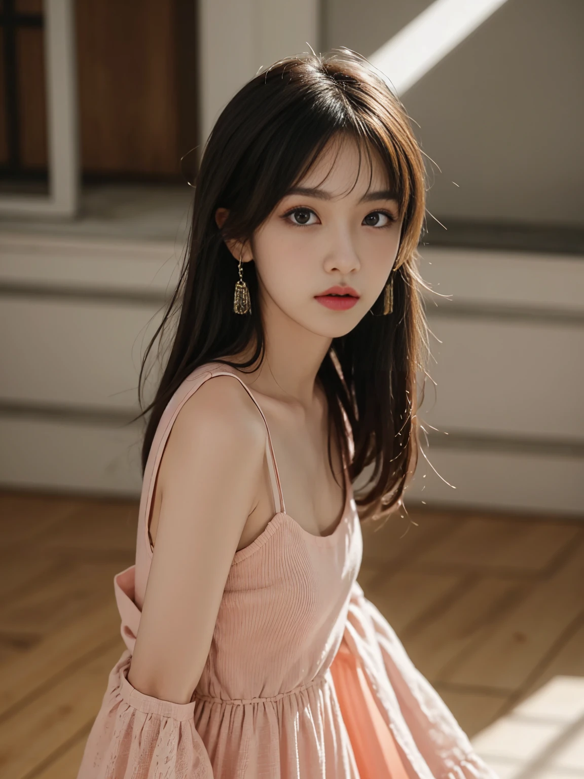 She can wear a brightly colored dress，Shoulder-length hair with bangs，The eyes are clear and agile，Curious。Wear some cute accessories