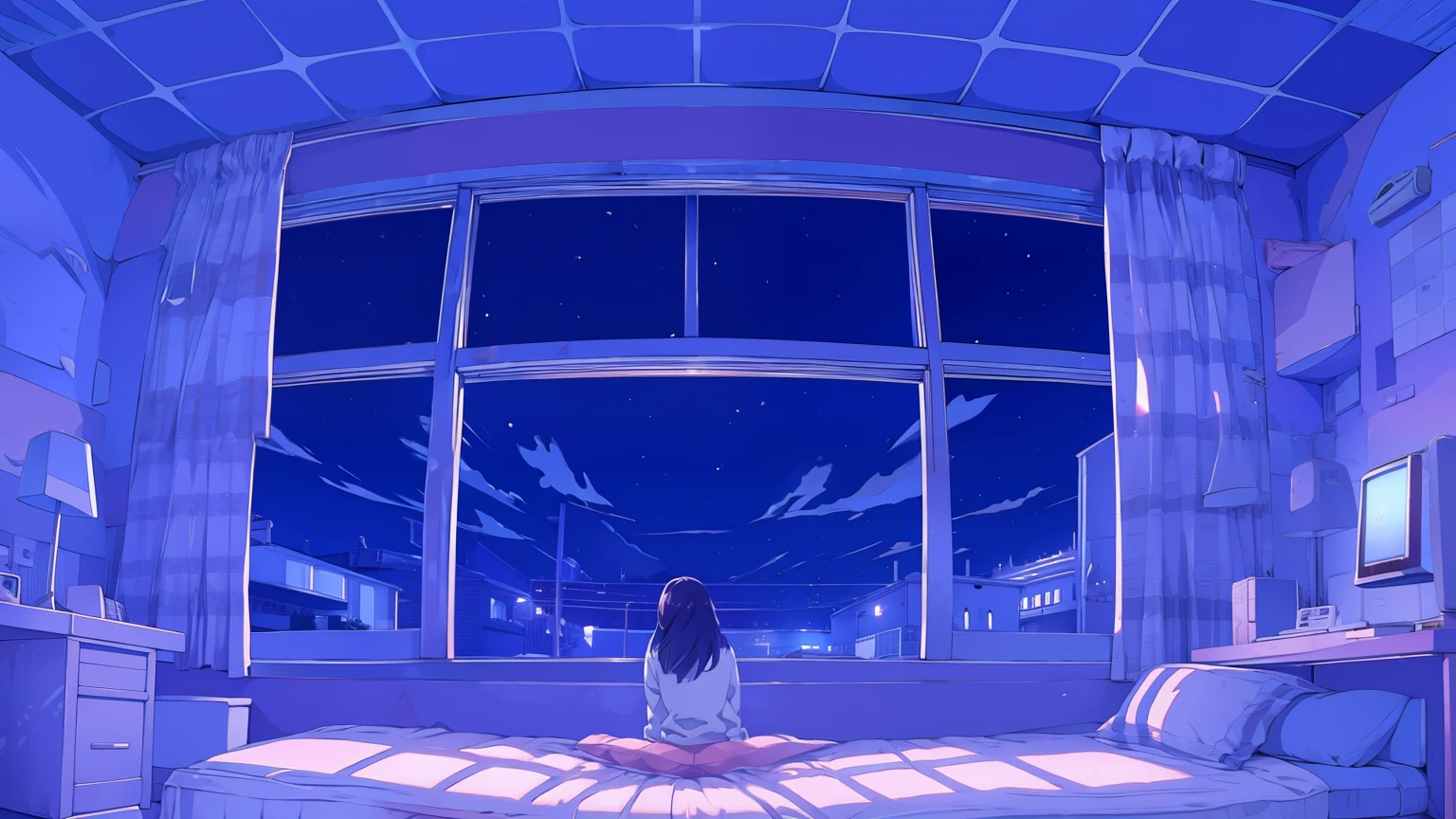 night、Girl listening to music in a cozy room, Using headphones, Anime-style 2D, Lo-Fi, High resolution, Dark Environment