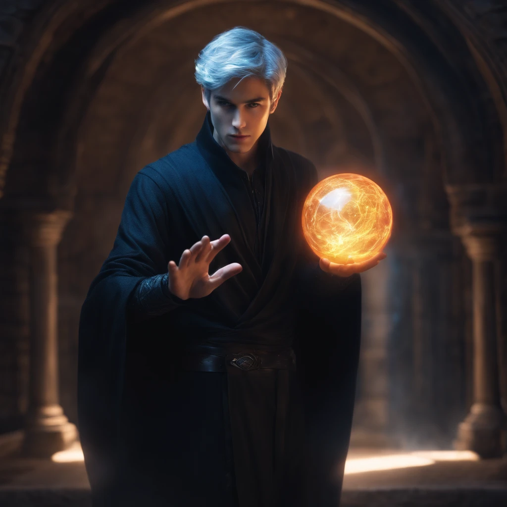 A young male wizard with grey short hair wearing black clothes from behind casting a blue ball aura