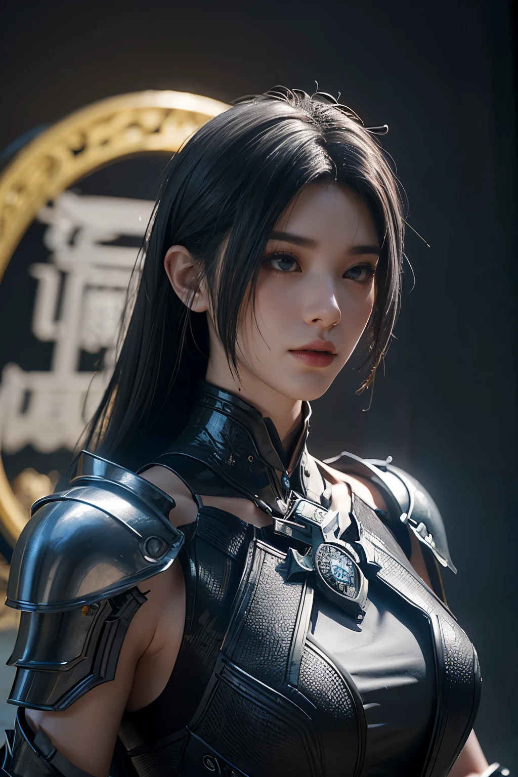 Masterpiece,Game art,The best picture quality,Highest resolution,8K,(Portrait),Unreal Engine 5 rendering works,(Digital Photography),((Portrait Feature:1.5)),
20 year old girl,Short hair details,With long bangs,(The red eye makeup is very meticulous),(With long gray hair:1.4),(Large, full breasts),Elegant and noble,Brave and charming,
(Future armor combined with the characteristics of ancient Chinese armor,Hollow design,Power Armor,The mysterious Eastern runes,A delicate dress pattern,A flash of magic),Warrior of the future,Cyberpunk figures,Background of war,
Movie lights,Ray tracing,Game CG,((3D Unreal Engine)),OC rendering reflection pattern