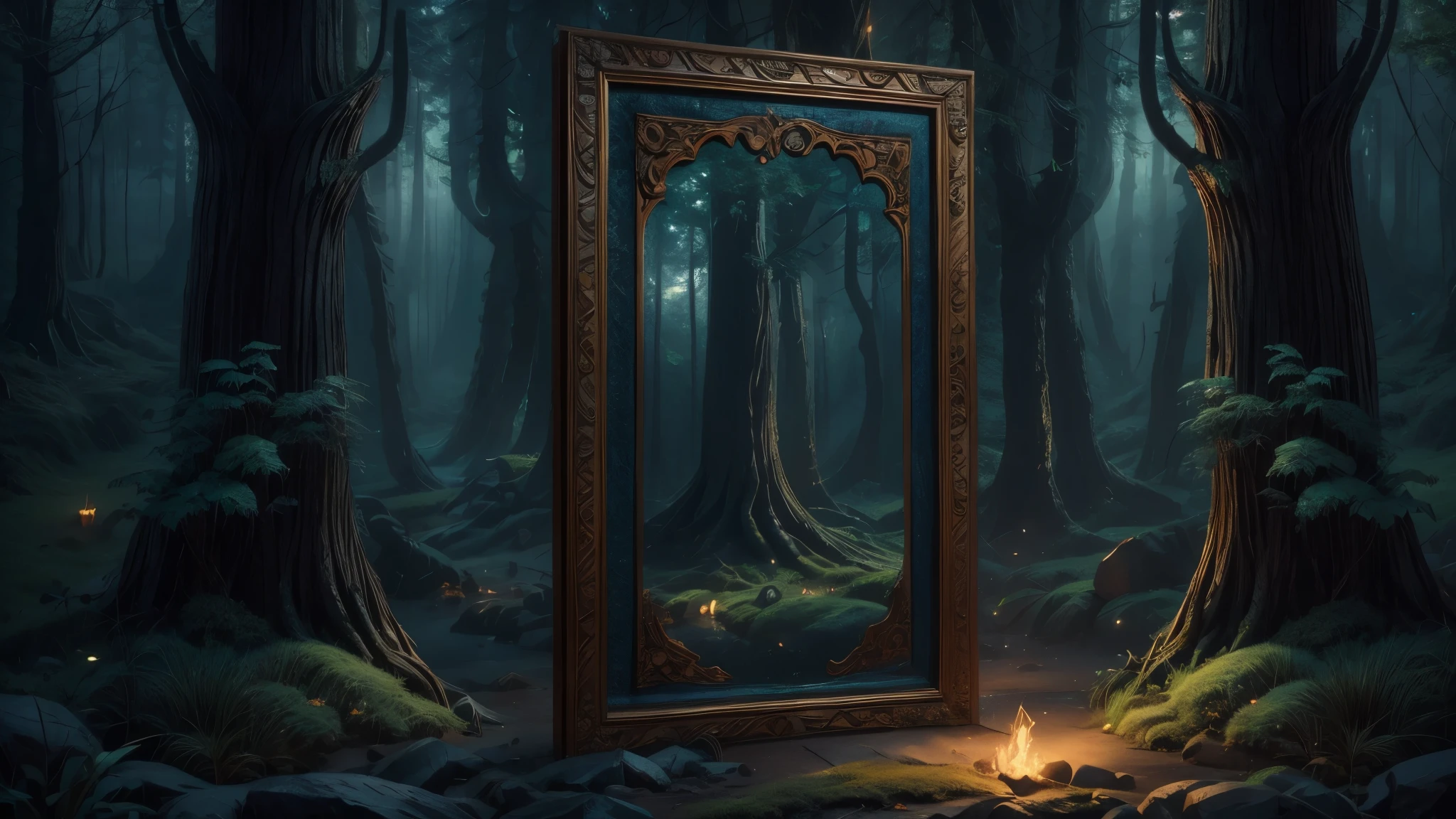 A tall mirror in a dark forest, the mirror shows another world, the mirror has a wooden frame with glowing runes carved in the frame, 1 mirror,