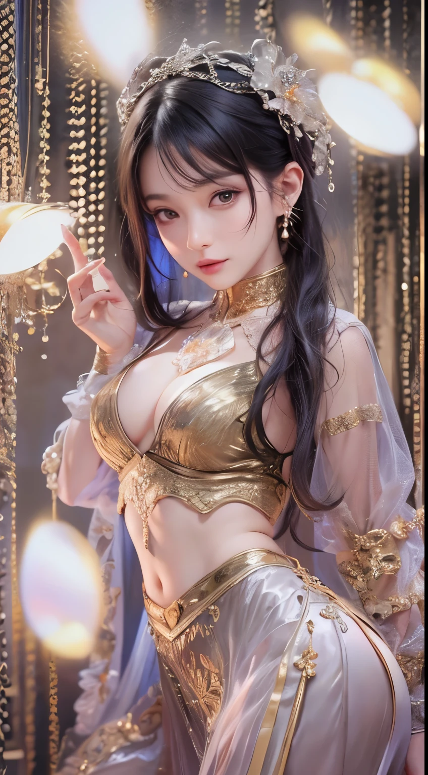 1 girl,(improve quality:1.4),(Top quality real texture skin), Delicate face,Black Hair, Gradient hair, Body,(Perfect body:1.1), There is a gem on the forehead, Rimless glasses, sparkling pupils,Long eyelashes,Grin, Hyperrealism, Movie Lighting, Projection Insertion, Surrealism, Ultra HD, masterpiece, 16K,lie,dream,Wearing sheer silk pajamas,cametto,Open your legs slightly,Tattoos are,Fantasy Space,Luxurious space