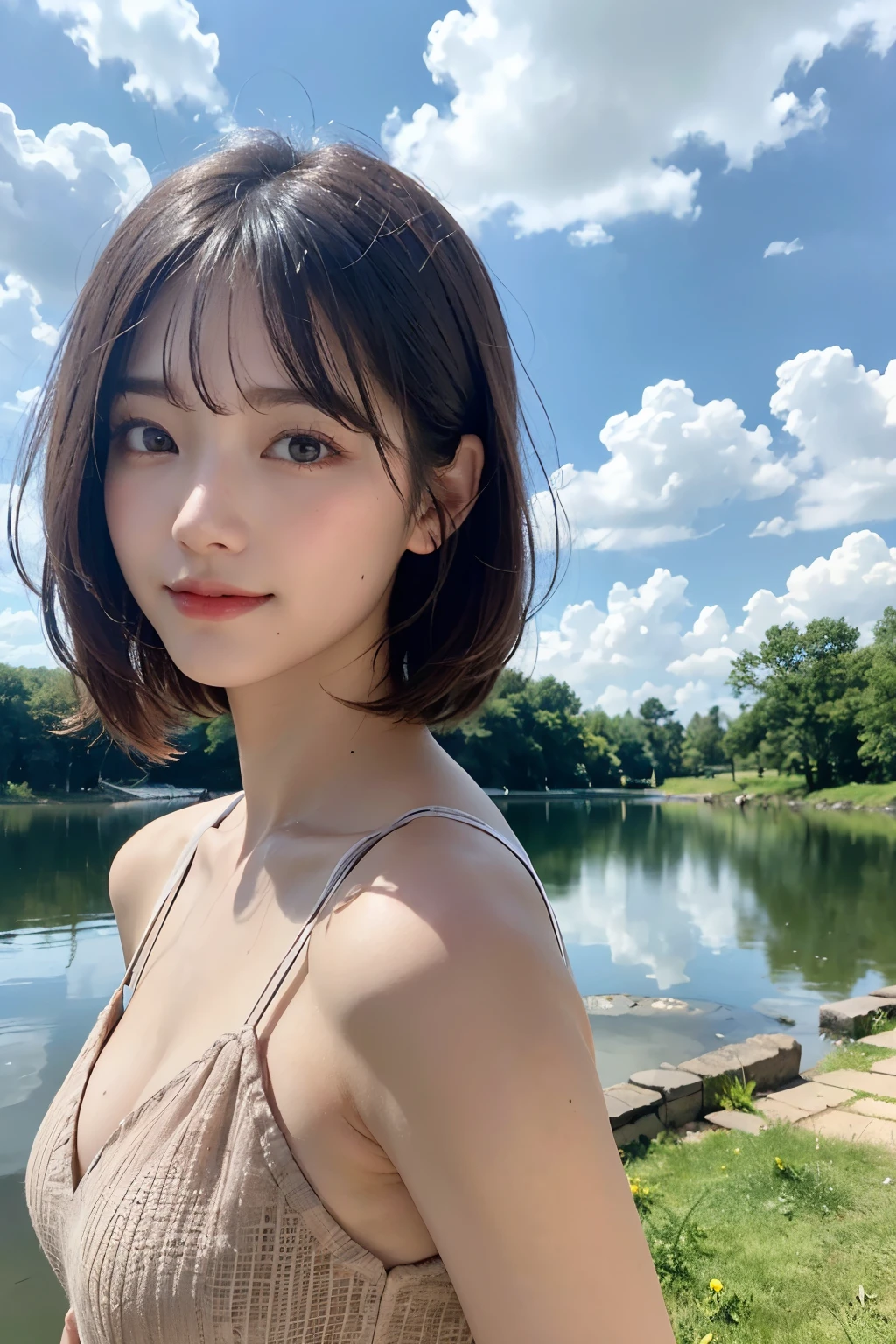 Ultra-high resolution、(Real:1.4)、One beautiful woman、Beautifully detailed eyes and skin、No makeup、A Little Smile、Light brown short hair、Stylish summer dress、Small Bust、lake、Cloudy、Ancient ruins、Huge spaceship in the distance、Sci-Fi Taste、Movie quality、dramatic、Dramatic composition、