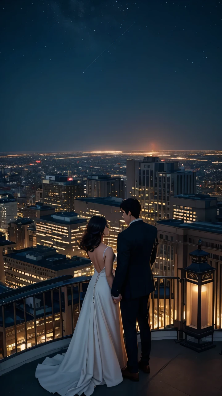 A woman and a man standing on top of a building, creating a beautifully romantic scene. The couple stands against the backdrop, with the cityscape in the background. Capture a shot from the back, concealing their faces, adding an air of mystery to the romantic scene atop the building against the night sky and city lights.