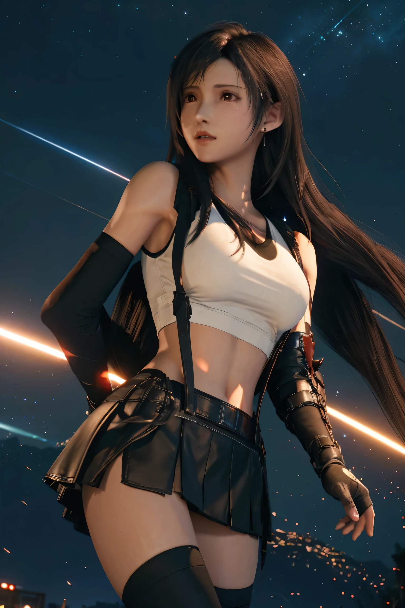 tifa lockhart, wallpaper, landscape, depth of field, night, light particles, light rays, side lighting, thighs, skirt, red eyes, brown hair, thigh high socks, arm sleeves