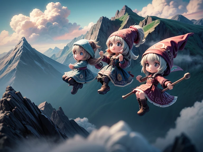 Three wizard girls are ((flying over the sky)) on broomsticks, high mountains and clouds in the background , flying broomstick race