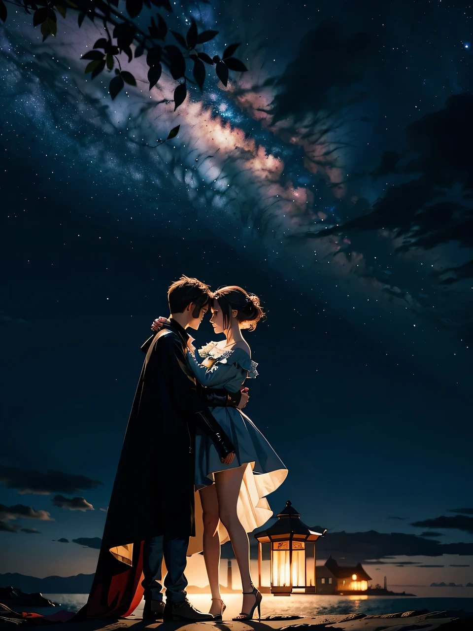 the night，A sky full of stars，Couple back，The girl rests her head on the boy's shoulder，Couple silhouette，Official Art Design