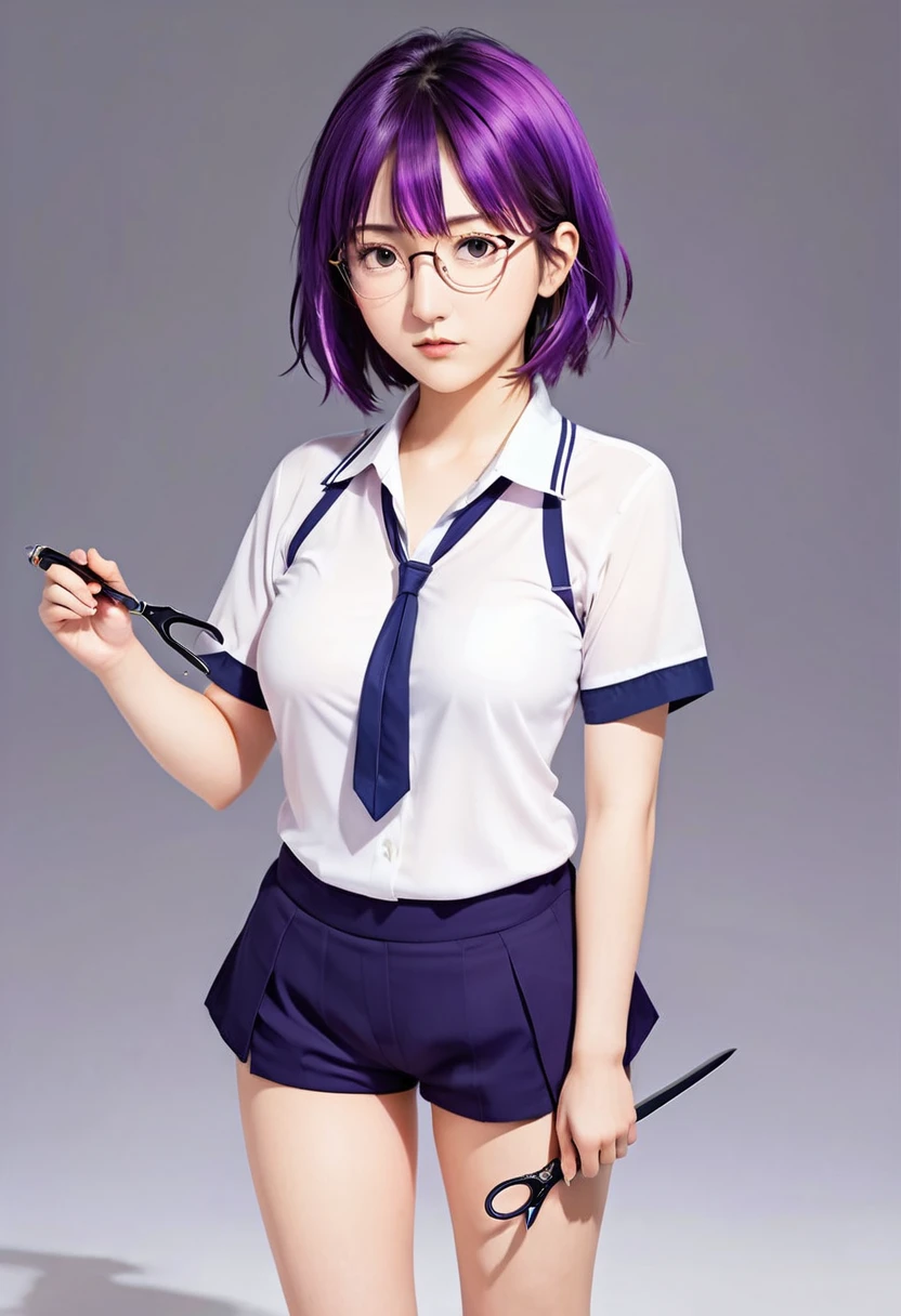 Purple hair and glasses、Anime characters holding scissors, Marin Kitagawa Fanart, Anime Moe Art Style, Cute girl anime visuals, Female protagonist 👀 :8, Short full body portrait!, Demon Slayer Louis Fan Art, Official character art, safebooru anime images, Official Art, 2D Anime Style, As an anime character, Hinata Hyuga