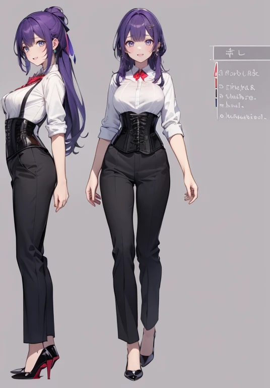 Purple hair,long hair,Adult female,(bartender),((Body Harness)),((Roll up your shirt sleeves)),(corset),(slacks),(High heels),((Simple Background)),smile,((whole body)),((full body)),Character Sheet,