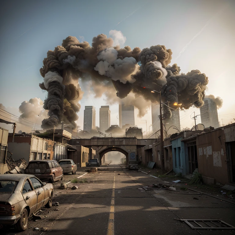 (Masterpiece: 1.1), Dystopian scene, Los Angeles in ruins, Post-apocalyptic, (overgrown: 1.3), (broken buildings: 1.2), Smoke rising from the city, Abandoned cars, Crumbled infrastructure, Rusty metal, Grungy textures, (Deep focus: 1.5), (Moody atmosphere: 0.9), Sun setting over the devastation, (Desolate: 1.1), (Shattered glass: 0.8), Brick walls, Concrete jungle, (Color palette: 0.5, muted browns and grays), (Fil