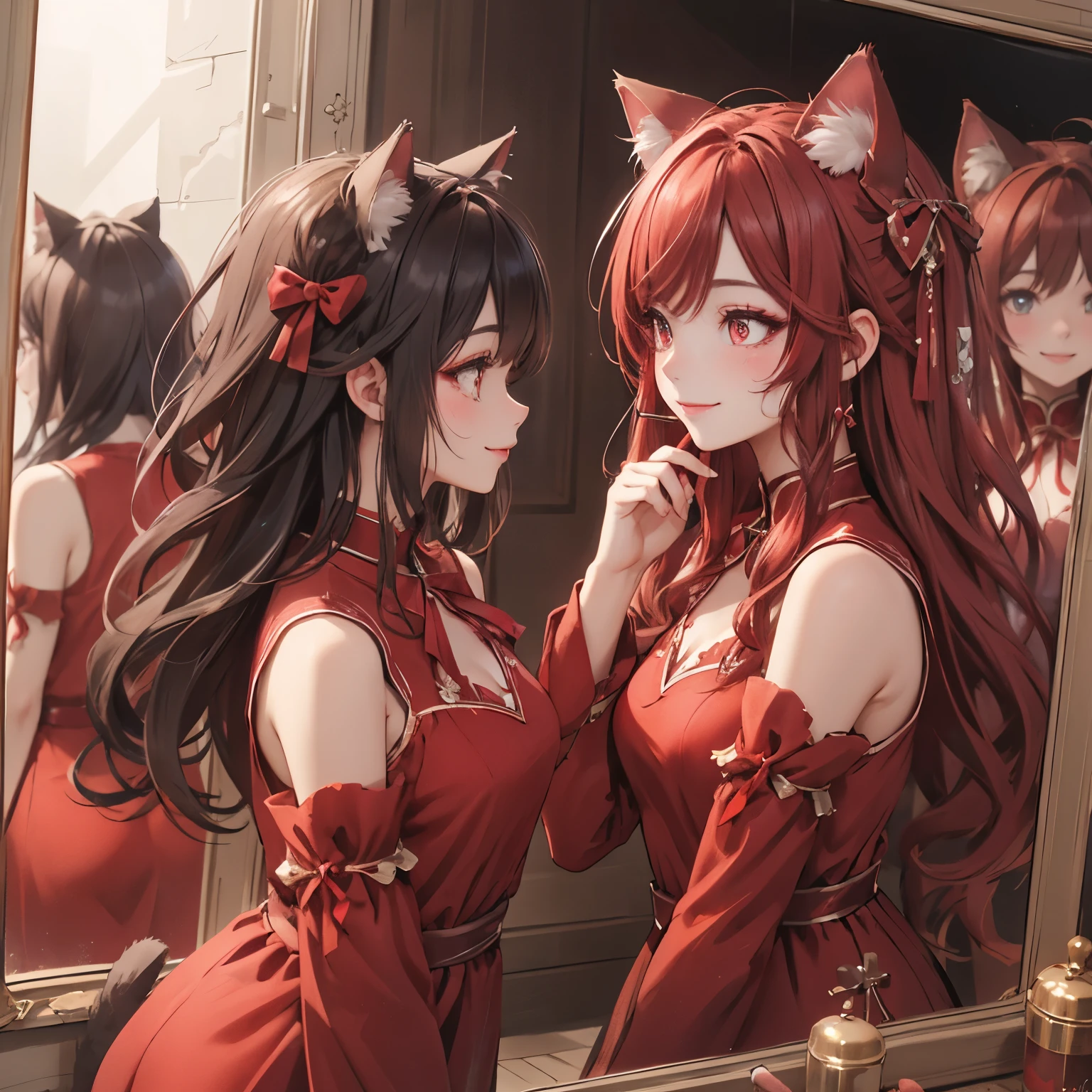 Cat ears with red ribbon、Red Hair、Crimson eyes、red clothes、Applying makeup in front of the mirror、smile、Stylish、Going out、dress、profile