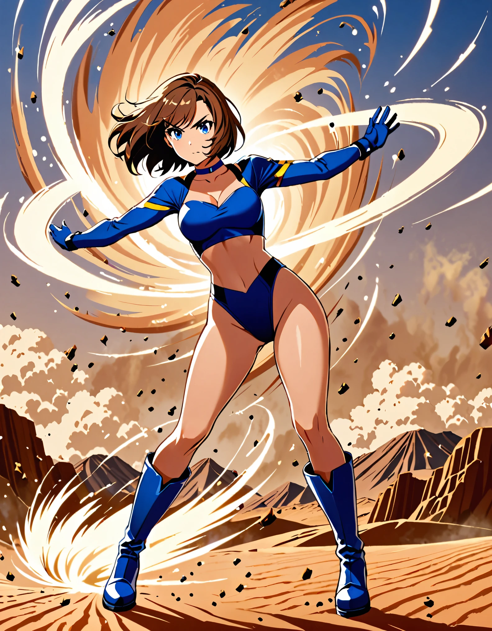 1girl, superhero, blue choker, blue eyes, blue footwear, blue gloves, boots, leotard, midriff, long sleeves, medium breasts, brown hair, knee boots, short hair, bob hair, solo, standing, determined, full body, desert backdrop, sandstorm, college-age female. raised arms. She spins at an incredible speed, creating a whirlwind of air around her. She spins fast in place like a tornado. Cyclone spinning. rapid gyration.