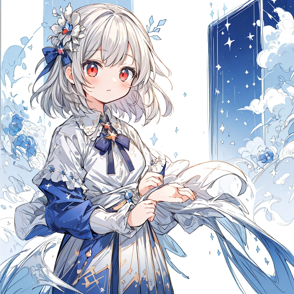 (Masterpiece, Best quality:1.2), illustration, absurderes, A high resolution, Extremely detailed, 1 little girls, with short white hair, Red eyes, eyes highlights, dress, puffy short sleeves, frilld, Outdoors, flower, Fluttering petals, Upper body, (Moon:1.2), Night, Depth of field, (:D:0.8),(Black pantyhose)