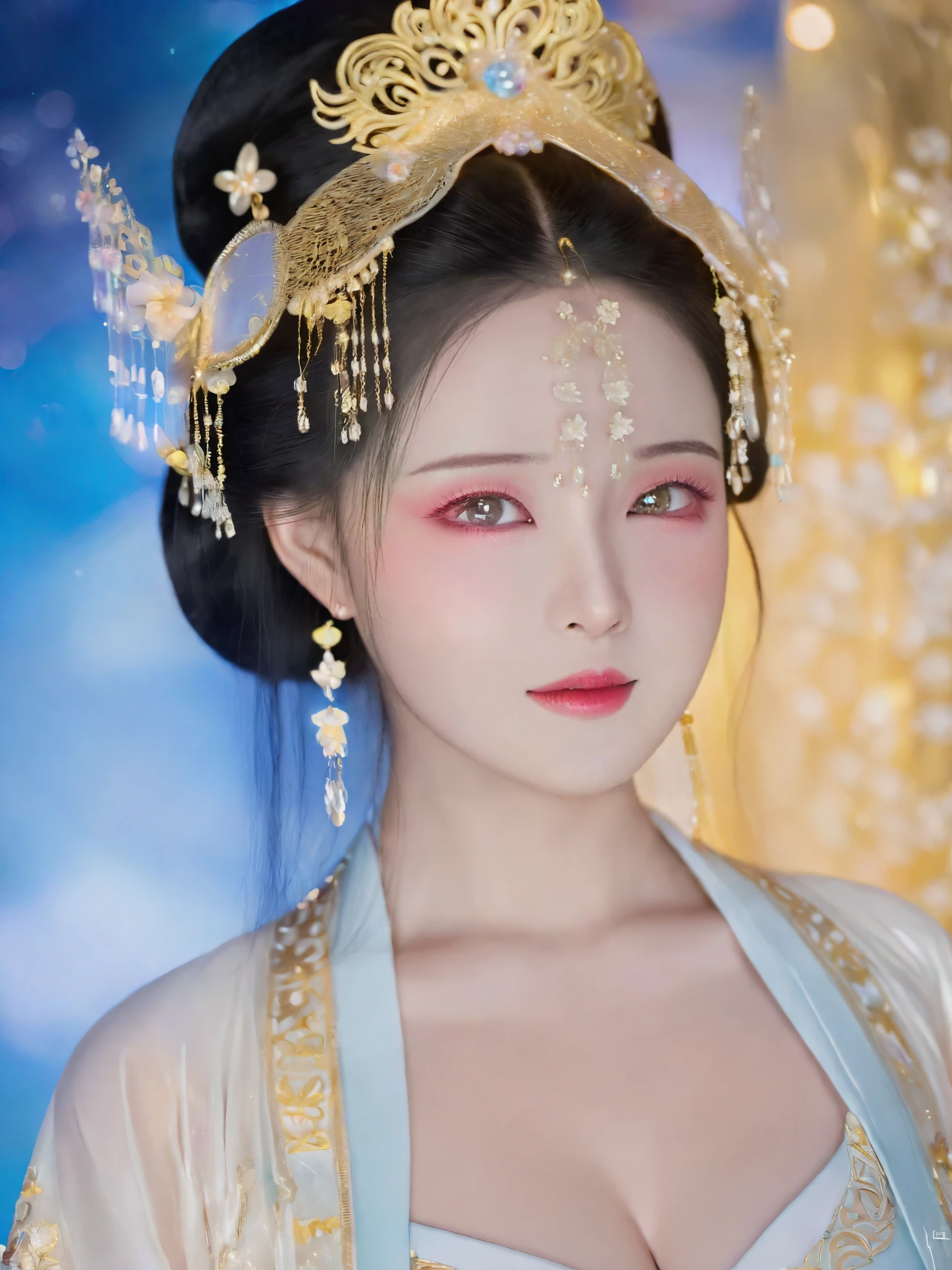 (best quality,4k,8k,highres,masterpiece:1.2),ultra-detailed,realistic:1.37,hanfu-clad girl,semi-transparent attire,ample breasts,gold embroidery,detailed eyes,long eyelashes,ethereal aura,naive,dreamy,kawaii appearance,soft lighting,vibrant colors