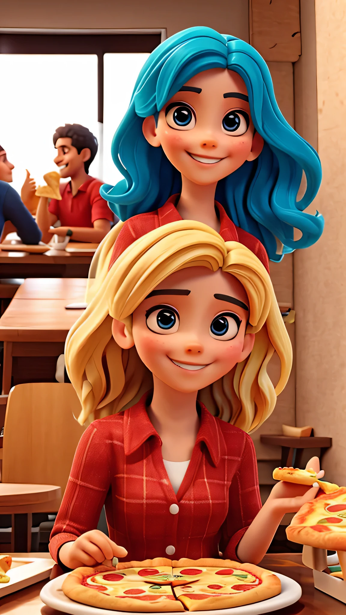 Disney Pixar film image of a red-haired woman with straight hair and a white woman with curly hair arriving at university 
