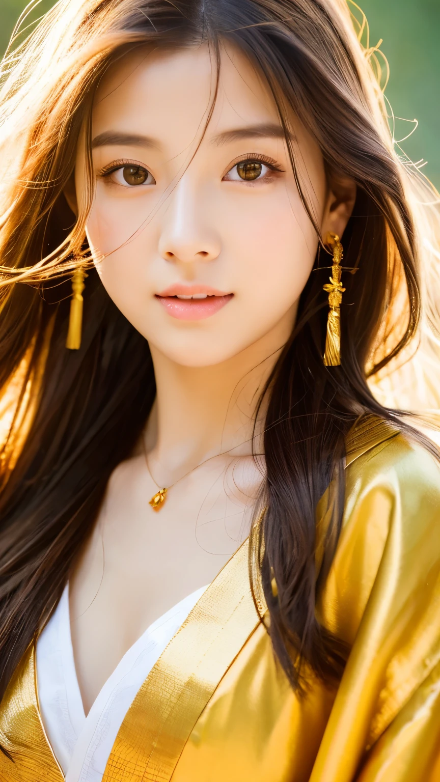 Love God（Beautiful girl、slightly drooping eyes、Healthy Skin、Full body portrait）、Photorealistic。Delicate and beautiful。Perfect Face。highest quality。High resolution。shrine。Golden Feather Robe。