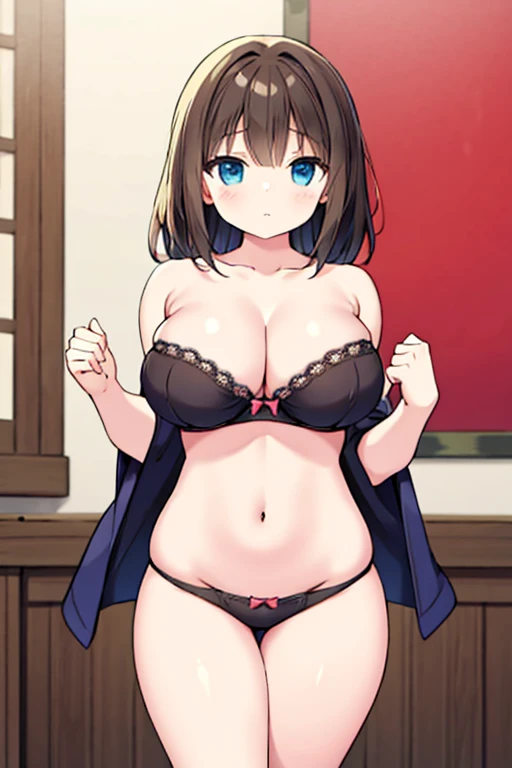 A small, young girl wearing only a bra and panties, with huge breasts and thick thighs.