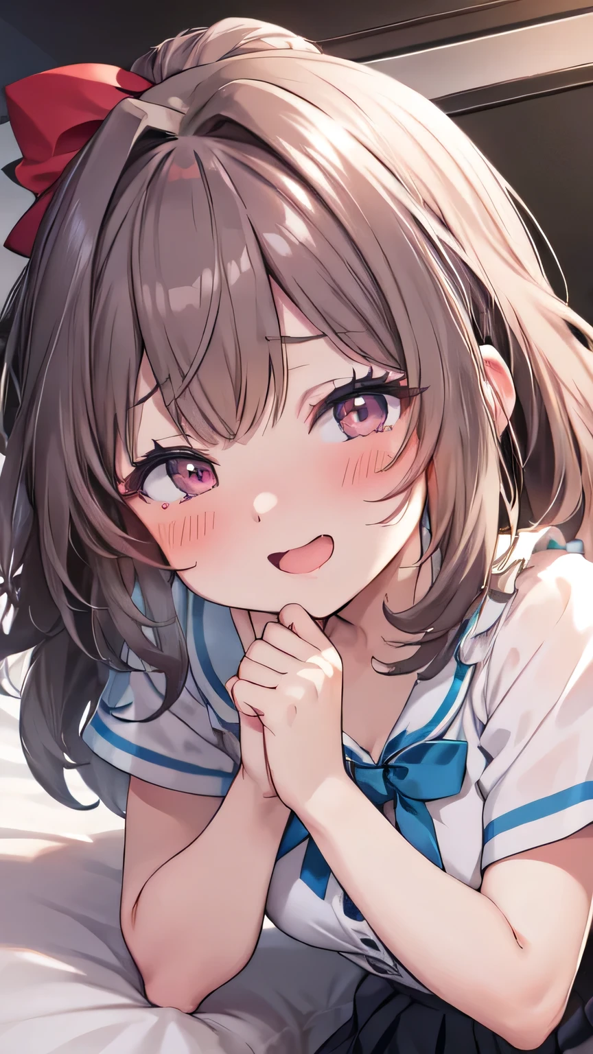 Very detailed、(8k, RAW Photos, highest quality, masterpiece:1.2), (Very detailed 8k wallpaper),shape、Professional Lighting,Sharp focus, Written boundary depth、
Browsing Caution、Clear Eyes、Perfect Anatomy、pretty girl、、Gal、12 years old、High Ponytail、、(blush:1.5)、Open Mouth、(Pleated skirt:1.2)、Lying down、(Close up on face)、Plump thighs、、White panties、bed、