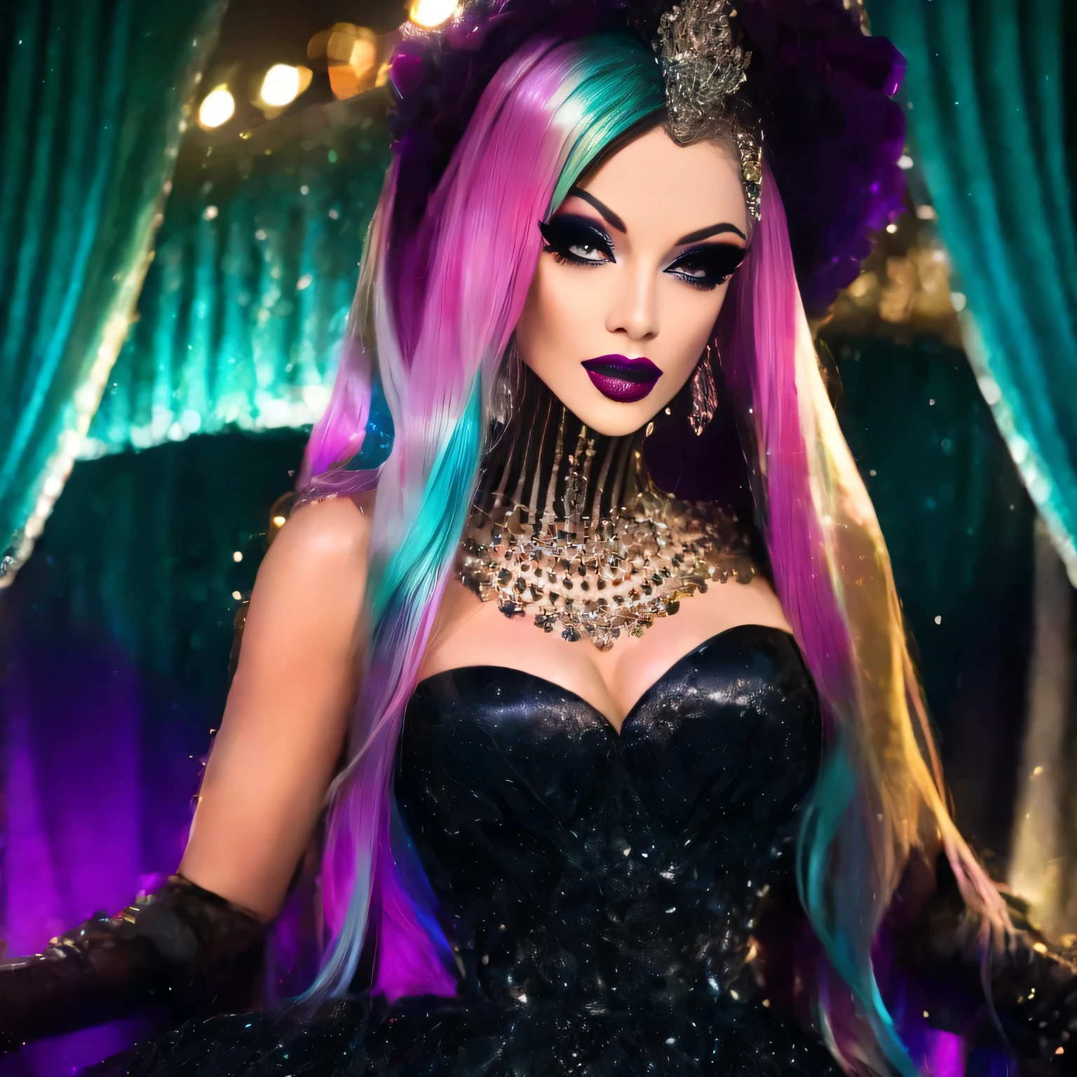 The drag queen wears a gorgeous black fishtail dress