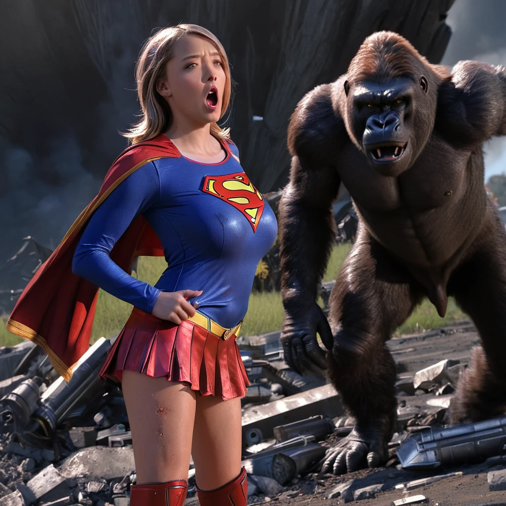 (Show all of Super Girl, head to toe, full body portrait) (best quality,4k,highres,masterpiece:1.2),ultra-detailed,realistic,portraits,vivid colors,dramatic lighting,Supergirl,annoyed,tattered uniform (scorched, many holes) ,ragged uniform,smoking crater,offended,shocked,  (Subject 2: attacking alien robot gorilla, rocket launcher)

Please make sure your output is separated by commas.","Separated。The following is an example for reference：

```
(best quality,4k,highres,masterpiece:1.2),ultra-detailed,realistic,portraits,vivid colors,dramatic lighting,Supergirl,annoyed,tattered uniform,ragged uniform,smoking crater,offended,shocked, (subject 2: attacking alien robot gorilla, rocket launcher)