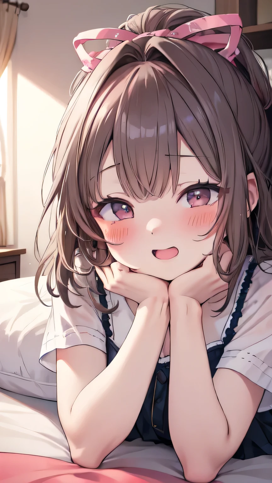 Very detailed、(8k, RAW Photos, highest quality, masterpiece:1.2), (Very detailed 8k wallpaper),shape、Professional Lighting,Sharp focus, Written boundary depth、
Browsing Caution、Clear Eyes、Perfect Anatomy、With a girl、Cute girl、beautiful girl、blonde、、(blush:1.5)、Open Mouth、(Looking up:1.5)、15 years old、White underwear、Off the shoulder、denim micro mini skirt,、,Her plump thighs are in full view、bed、imminent kiss、From above、