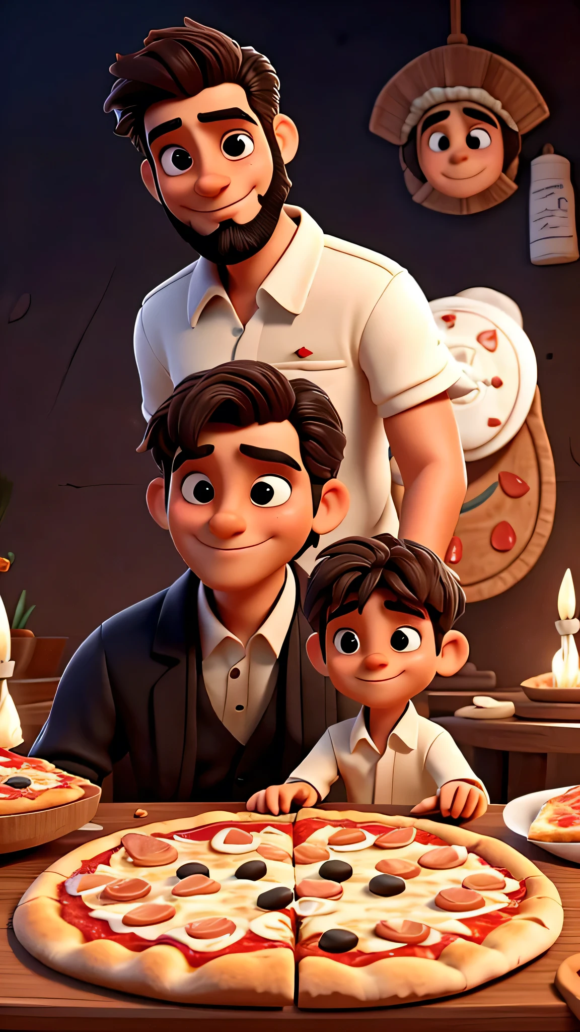 Dois homens um mais velho e um mais novo provando uma pizza de calabresa com cebola