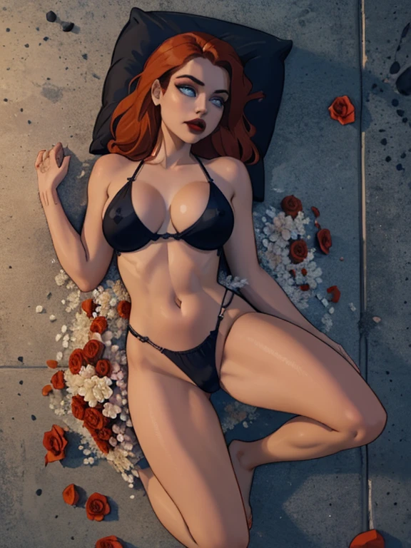 a very beautiful  woman lying covered in red roses,body covered with flowers, very hot body, long orange hair spread out on the floor, camera view from above, whole body in picture,  black lips, bright glowing eyes, blue eyes like crystal, perfect body ,  thighs up separated 