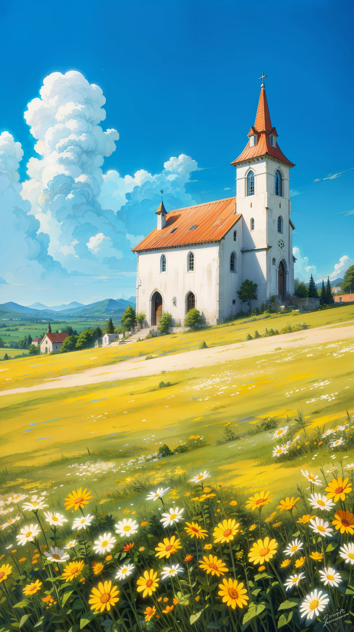 a painting of a church in a field of daisies, white church background, inspired by Guido Borelli da Caluso, background of flowery hill, church background, church painting, romanticism landscape painting, by Shin Yun-bok, scenery artwork, anime countryside landscape, by Christophe Vacher, anime beautiful peace scene, highly detailed landscape, sunny day background, 4k professional painting, game, detailed key anime art, illustation, a beautiful artwork illustration, beautiful digital painting, highly detailed digital painting, beautiful digital artwork, detailed painting 4 k, very detailed digital painting, rich picturesque colors, gorgeous digital painting