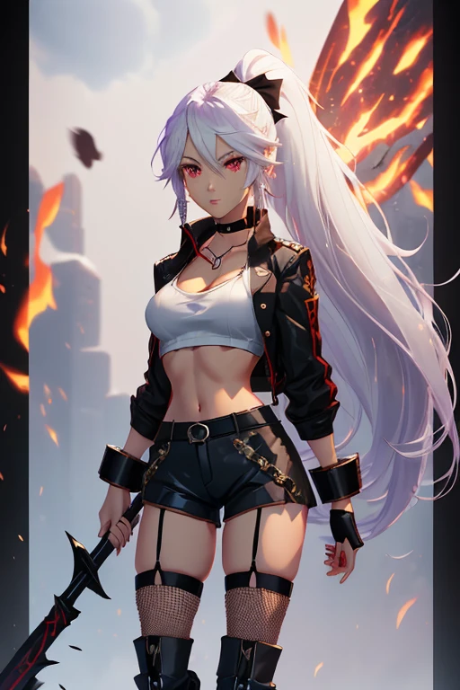 Female, Tall toned body, body, small perky pears shaped breasts, adaptive god eater from god eater 3, twin armlets, long hair, high ponytail, white hair, red eyes, black choker, black crop top, black bicycle shorts, fishnet thigh highs, brown ankle boots, red ribbon, black trench coat, black scythe with purple accents